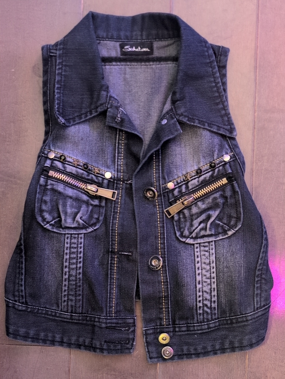 Navy Blue Denim Vest with Zipper Accents